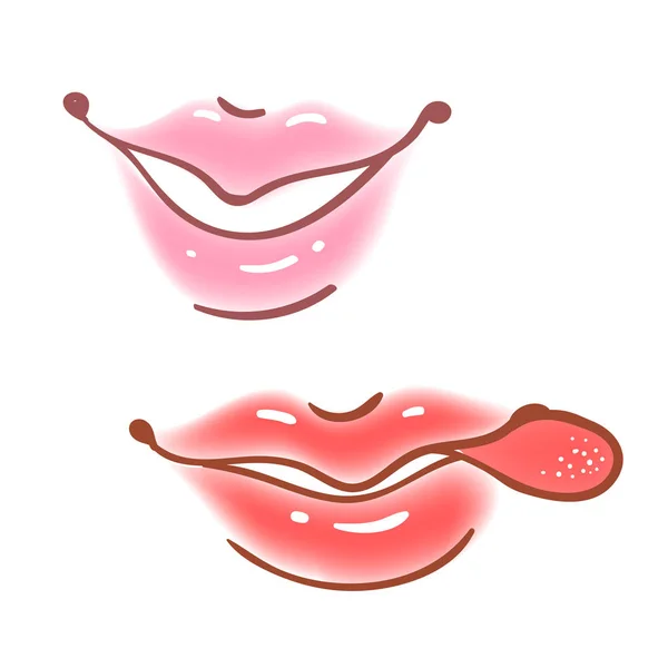 Ensemble amusant coloré d'autocollants pour lèvres féminines, d'icônes, d'emoji, de pins ou de patchs en style bande dessinée pop. La bouche de la femme avec du maquillage rouge à lèvres dans différentes émotions . — Image vectorielle