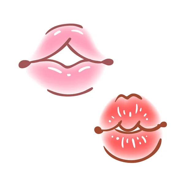 Colorido divertido conjunto de pegatinas de labios femeninos, iconos, emoji, alfileres o parches en estilo cómico pop de dibujos animados. Boca de mujer con maquillaje de lápiz labial rojo en diferentes emociones . — Archivo Imágenes Vectoriales