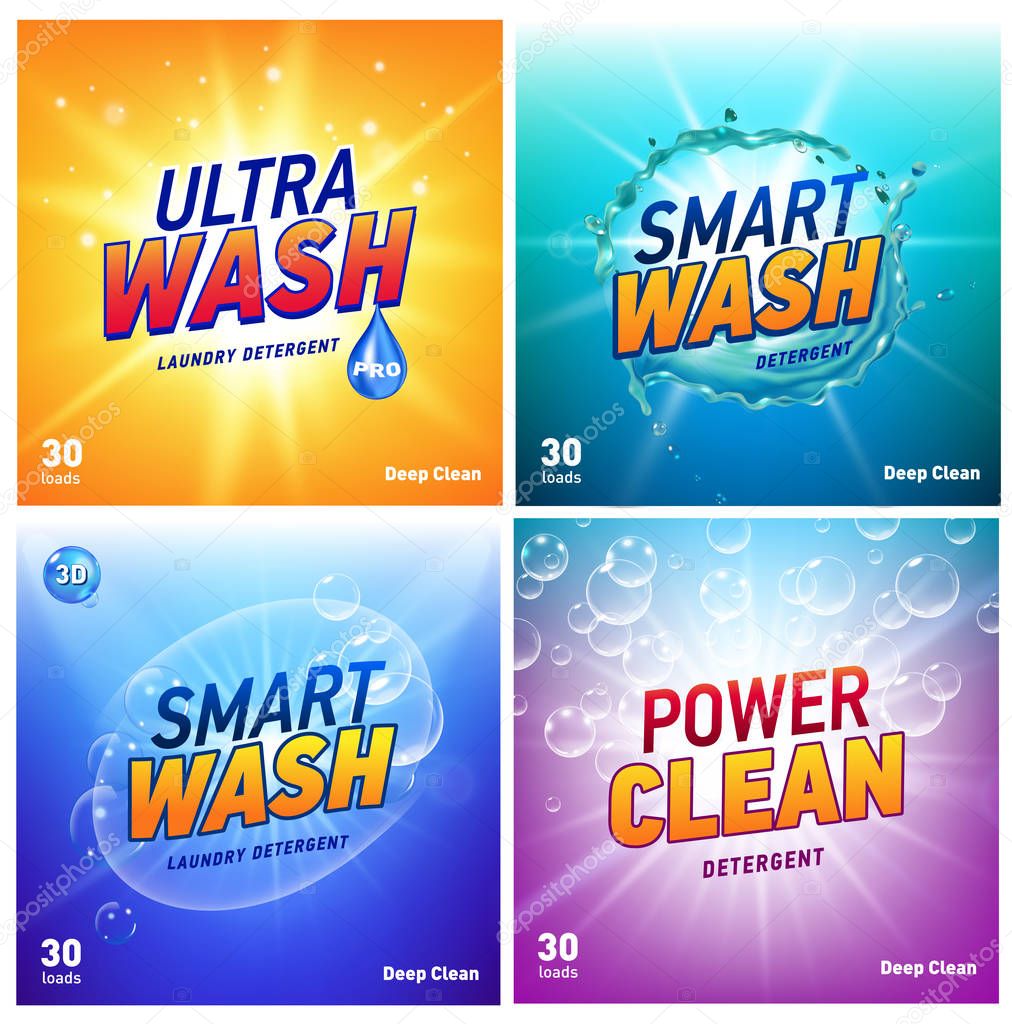 Creative laundry detergent concept packaging design template set. Vector illustration