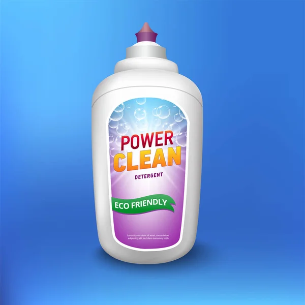 Diseño del paquete del detergente de la ropa, botella blanca del envase con la etiqueta en la ilustración del vector aislada en fondo azul — Vector de stock