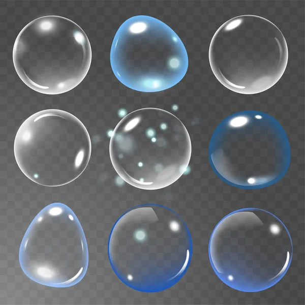 Реалистичный мыльный пузырь установлен на прозрачном фоне. векторная иллюстрация мыльного пузыря. Мыльный пузырь. Векторная иллюстрация — стоковый вектор