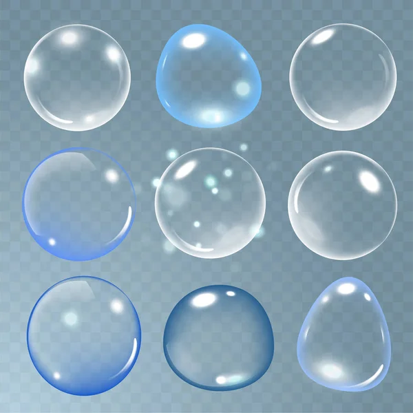 Burbuja de jabón realista sobre fondo transparente. vector jabón burbuja ilustración. Juego de burbujas de jabón. Ilustración vectorial — Vector de stock
