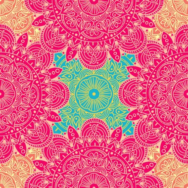 Çiçeksel güdüleri olan kusursuz etnik düzen. Kumaş ve kağıt için mandala stilize baskı şablonu. Boho şık tasarım. Yaz modası.