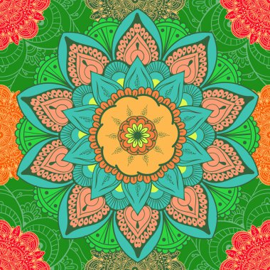 Çiçeksel güdüleri olan kusursuz etnik düzen. Kumaş ve kağıt için mandala stilize baskı şablonu. Boho şık tasarım. Yaz modası.