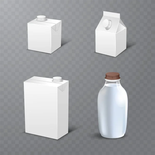 Σύνολο λευκό κενό ρεαλιστική συσκευασία γαλακτοκομικών προϊόντων συμπεριλαμβανομένων των πλαστικών φιαλών και χαρτοκιβώτιο πακέτα απομονωμένη διανυσματικά εικονογράφηση — Διανυσματικό Αρχείο