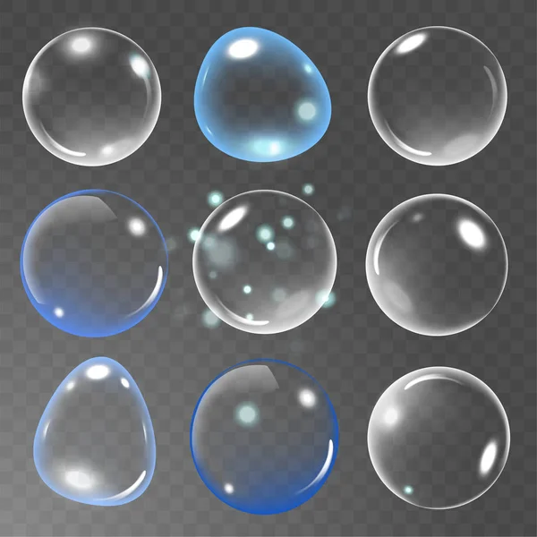 Bolla di sapone realistico impostato su sfondo trasparente. illustrazione della bolla di sapone vettore. Set di bolle di sapone. Illustrazione vettoriale — Vettoriale Stock