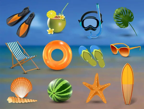 Ilustración vectorial de vacaciones de verano realistas playa iconos establecidos aislados en el fondo de la playa — Vector de stock