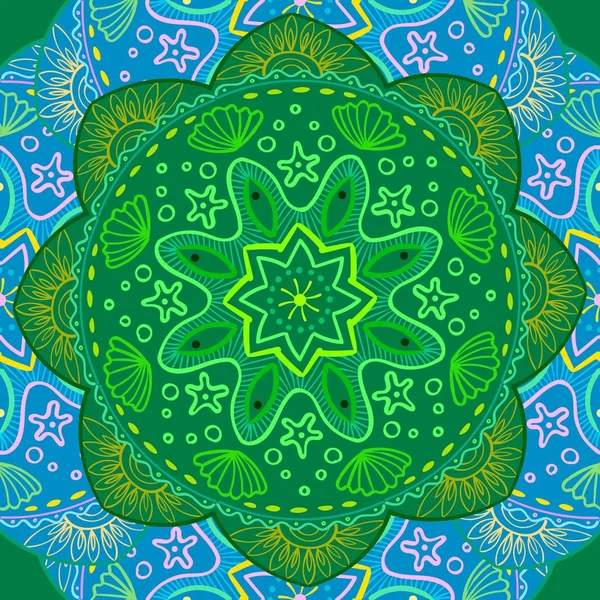 Nahtloses Muster. Ethnische Mandala mit dekorativen Ornamenten, Kritzelfische, Wind. Vektorillustration — Stockvektor