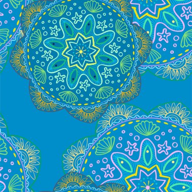 Plaj mandala ile Seamless modeli. Dekoratif süs ile etnik mandala doodle balıklar, Rüzgar. Vektör çizim