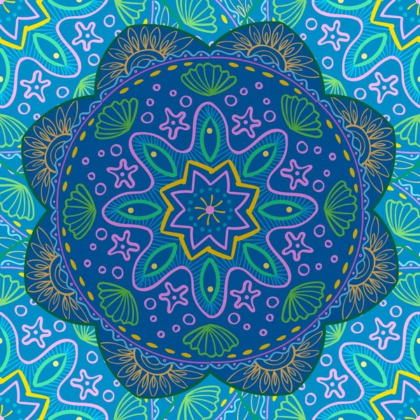 Nahtloses Muster mit Strandmandala. Ethnische Mandala mit dekorativen Ornamenten, Kritzelfische, Wind. Vektorillustration — Stockvektor