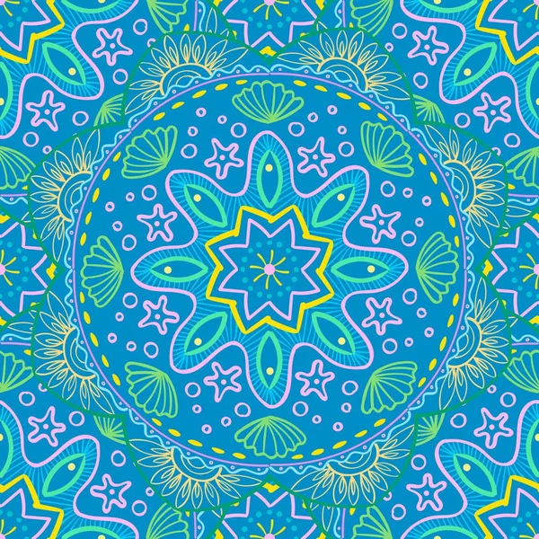 Nahtloses Muster mit Strandmandala. Ethnische Mandala mit dekorativen Ornamenten, Kritzelfische, Wind. Vektorillustration — Stockvektor