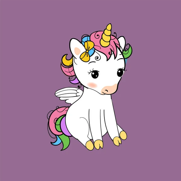Cute little unicorn sitting print. Baby Unicorn isolated vector icon. Fantasy horse sticker, patch badge. Magic cartoon animal. Rainbow horn, pink hair. Dream symbol. — Stock Vector