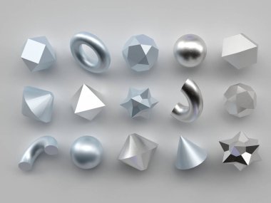 Beyaz arka planda 3 boyutlu gerçekçi ilkel görüntüleme seti. İzole grafik elementler. Moda tasarımları için gümüş metalik renkte küreler, torus, tüpler, koniler ve diğer geometrik şekiller.