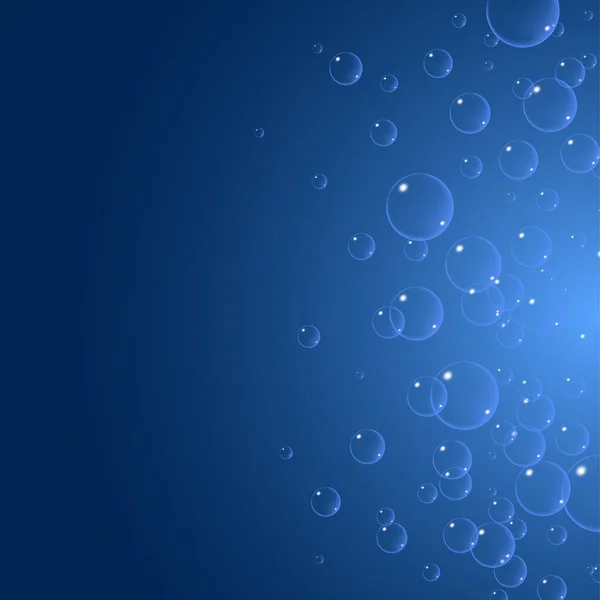 Fondo de burbujas de jabón, ilustración vectorial. Conjunto de burbujas de agua limpia, jabón, gas o aire con reflexión sobre el fondo de gradiente azul. Realista bajo el agua . — Vector de stock