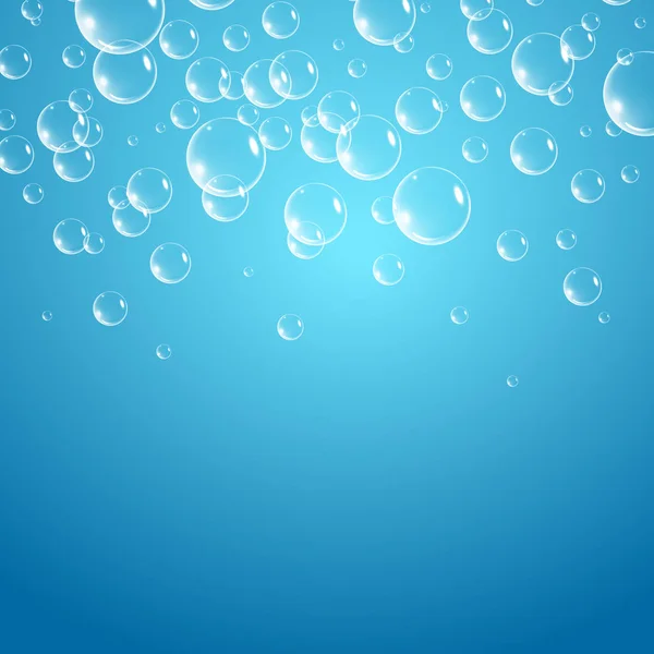 Pozadí mýdlové bubliny, vektorová ilustrace. Sada čisté vody, mýdla, plynu nebo vzduchových bublin s odrazem na pozadí modrého gradientu. Realistické pod vodou. — Stockový vektor