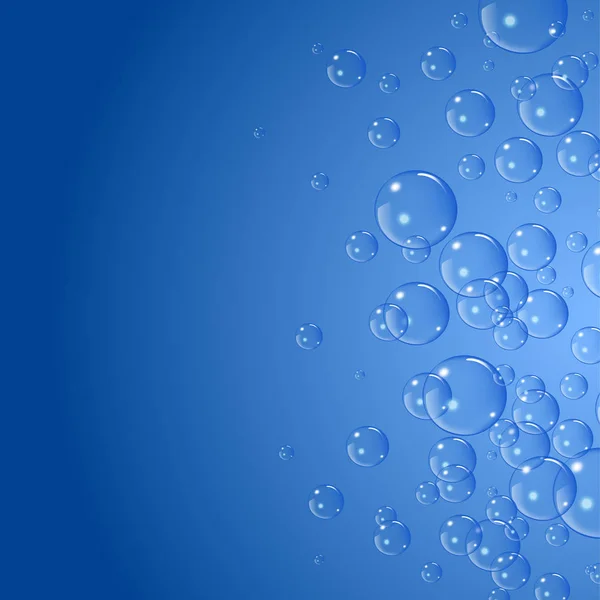 Fondo de burbujas de jabón, ilustración vectorial. Conjunto de burbujas de agua limpia, jabón, gas o aire con reflexión sobre el fondo de gradiente azul. Realista bajo el agua . — Vector de stock