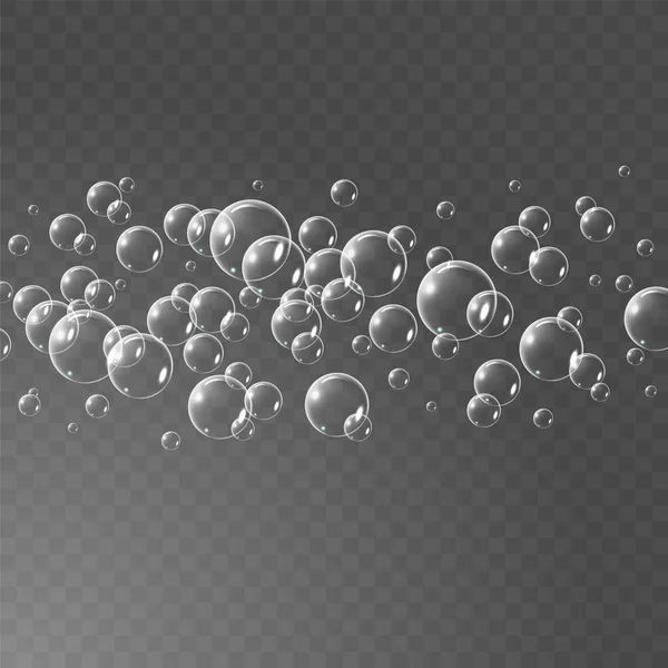 Zeepbellen achtergrond, vector illustratie. Set van schone water-, zeep-, gas- of luchtbellen met reflectie op transparante achtergrond. Realistisch onderwater. — Stockvector