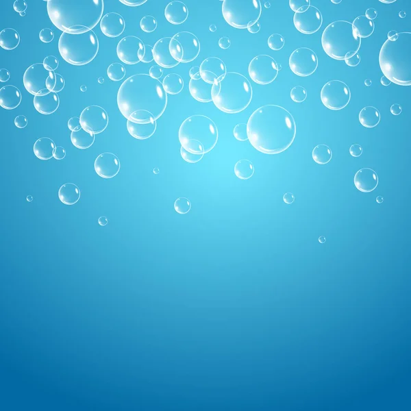 Fond de bulles de savon, illustration vectorielle. Ensemble de bulles d'eau propre, de savon, de gaz ou d'air avec réflexion sur fond de dégradé bleu. Réaliste sous-marin . — Image vectorielle