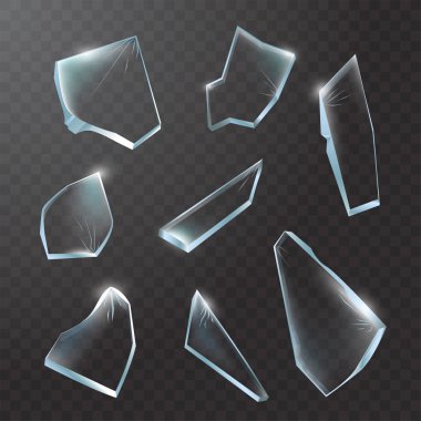 Broken glass pieces. Shattered glass on transparent background. Vector realistic illustration clipart