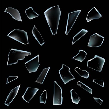 Broken glass pieces. Shattered glass on black background. Vector realistic illustration clipart