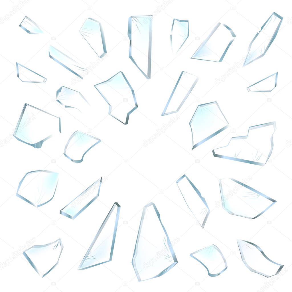 Broken glass pieces. Shattered glass on white background. Vector realistic illustration