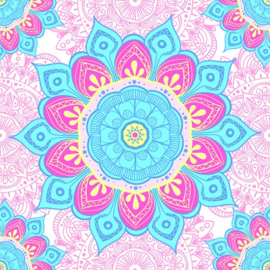 Hint mandala 'sında kusursuz desen. Klasik dekoratif elementler. El çizimi arka plan. İslam, Arapça, Hintçe, sedir motifleri. Kumaş ya da kağıda yazdırmak için mükemmel.