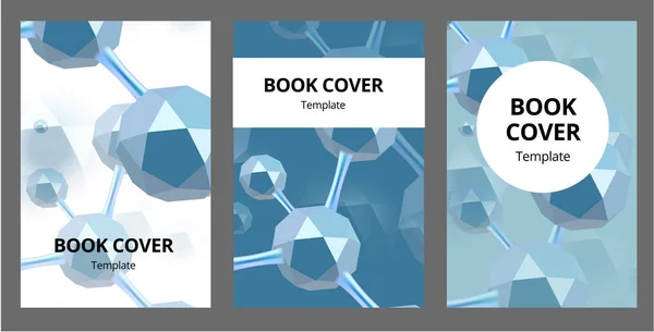 Molekularna abstrakcyjna broszura obejmuje zestaw. Ilustracja wektora. Atomy. Otoczenie medyczne dla transparentu lub ulotki. 3d Struktura molekularna z niebieskimi cząsteczkami ikozahedronu.. — Wektor stockowy