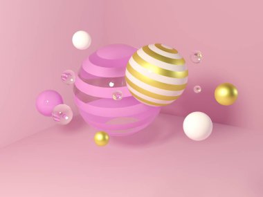 Çok renkli dekoratif toplar. Gerçekçi kürelerle soyut 3D çizim. Pembe, şeffaf ve altın küreler..