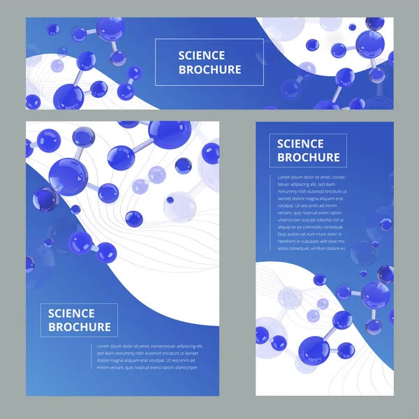 Szórólap, A4-es méretű brosúra, banner. Molekuláris szerkezet realisztikus üveggolyókkal. Tudományos minta elemekkel magazin, szórólap, borító, poszter tervezéshez — Stock Vector