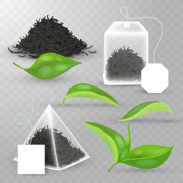 Elementos vectoriales realistas conjunto de té negro. Hojas frescas, bolsa de té piramidal, bolsa de té rectangular, pila de té negro seco  . — Archivo Imágenes Vectoriales