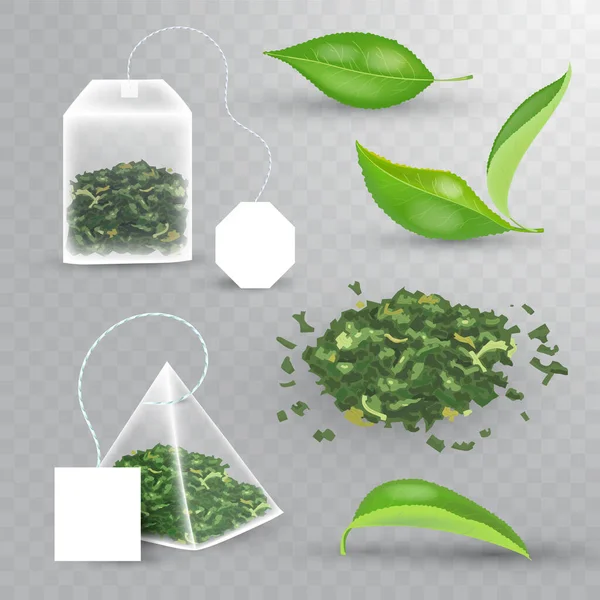 Realistic vector elements set of green tea. Fresh leaves, pyramidal tea bag, rectangular teabag, pile black dry tea . — Stock Vector