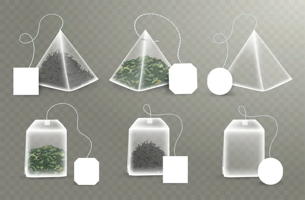 Ensemble de sachets de thé en forme de pyramide et rectangulaire. Maquette avec carré vide, étiquettes rectangulaires. Thé vert et noir. Modèle 3D réaliste Teabag. Illustration vectorielle — Image vectorielle