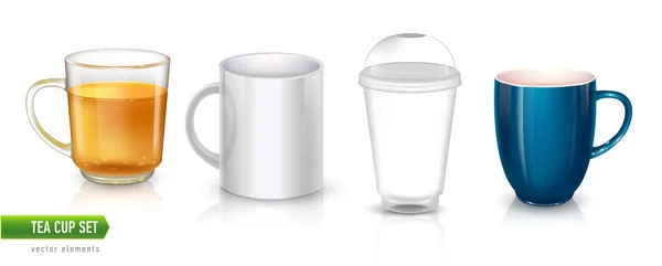 Векторный набор чашек для чая или кофе. Керамика, стеклянная прозрачная чашка и пластиковая чашка . — стоковый вектор