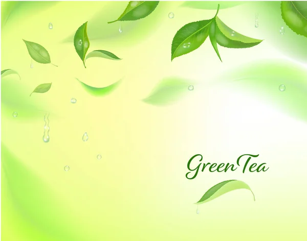 Vektor hög detaljerad bakgrund med grönt te blad i rörelse. Oklara teblad. Realistisk konceptbanner för reklam, förpackning eller teprodukter. — Stock vektor