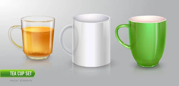 Vektor-Set für Tee oder Kaffee. Keramik, Glas transparente Tasse. — Stockvektor