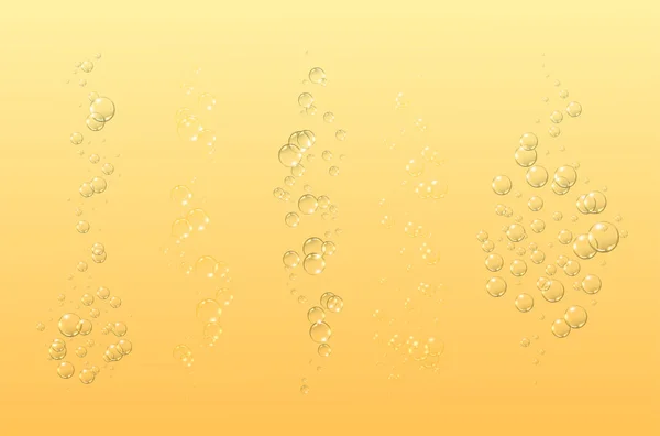 Floating bubbles. Beautiful vector background for your design. Set of champagne fizzing air bubbles streams isolated on yellow background. — Stock Vector