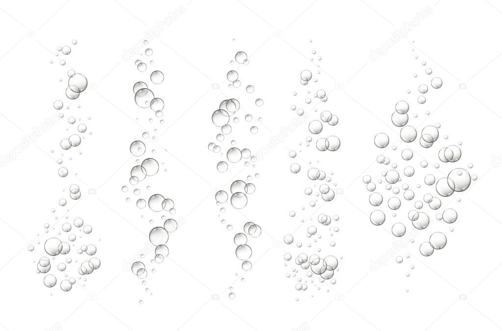 Floating bubbles. Beautiful vector background for your design. Set of champagne fizzing air bubbles streams isolated on white background.