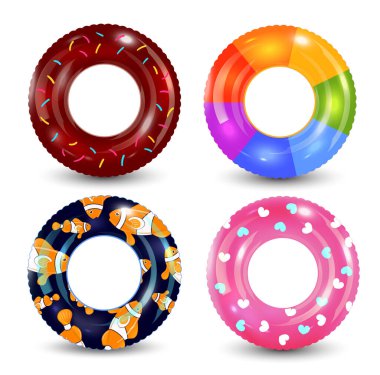 Yüzme halkaları beyaz arka planda. Şişme lastik oyuncak. Lifebuoy renkli vektör koleksiyonu. Yaz. Gerçekçi bir yaz çizimi. Yaz tatili ya da seyahat güvenliği.