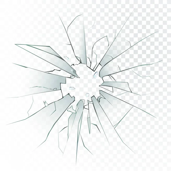 Alto dettagliato vetro rotto realistico isolato su sfondo trasparente. Con crepe e segni di proiettile. Illustrazione vettoriale . — Vettoriale Stock
