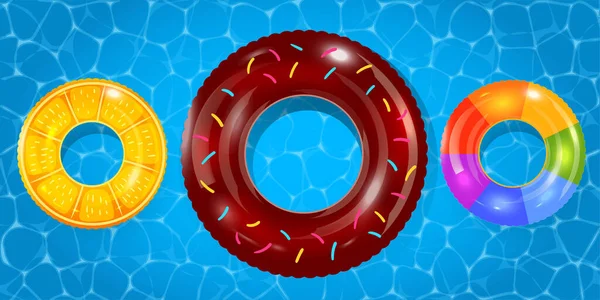 泳圈设置在游泳池的水底.可充气橡胶玩具。救生圈彩色矢量集合.夏天。现实的夏季例证。暑假或旅行安全. — 图库矢量图片