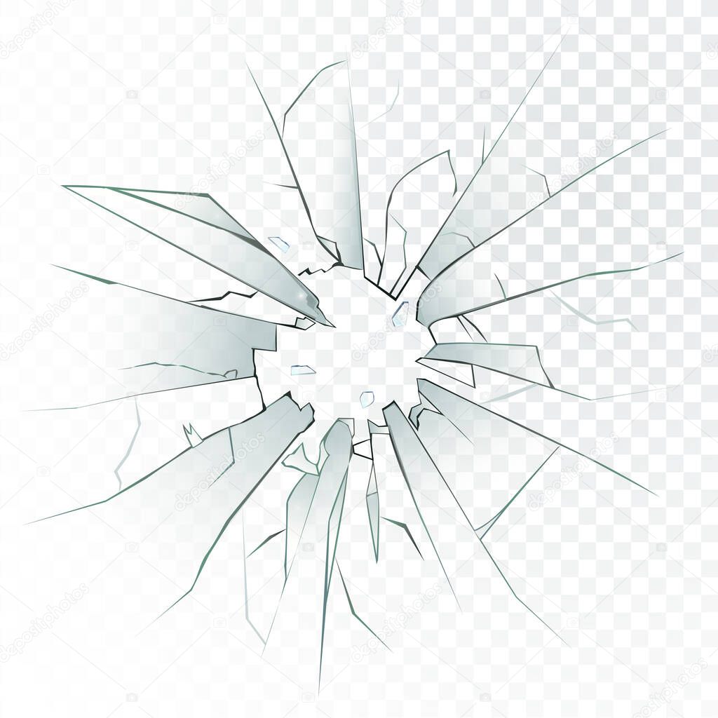 High detailed realistic broken glass isolated on transparent background. With cracks and bullet marks. Vector illustration.