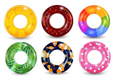 Yüzme halkaları beyaz arka planda. Şişme lastik oyuncak. Lifebuoy renkli vektör koleksiyonu. Yaz. Gerçekçi bir yaz çizimi. Yaz tatili ya da seyahat güvenliği.