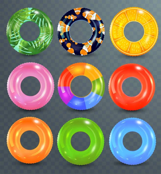Úszó gyűrűk beállítva átlátszó háttérrel. Felfújható gumi játék. Lifebuoy színes vektor gyűjtemény. Nyár. Reális nyári illusztráció. Nyári vakáció vagy utazásbiztonság. — Stock Vector