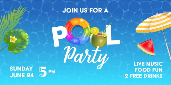 Poolparty-Plakatvorlage. Hintergrund mit Poolfläche, Palmblättern, Sonnenschirm und Gummiball. Realistische aufblasbare Regenbogen und orangefarbene Ringe. Vektorillustration der Einladung zum Nachtclub. — Stockvektor