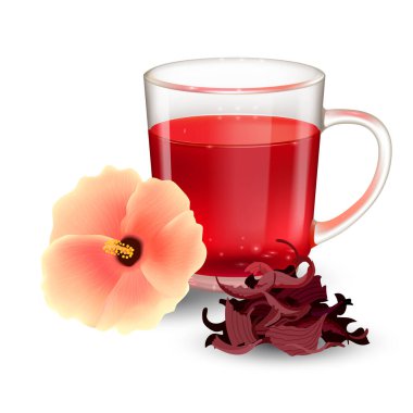 Cam bardakta Hibiscus çayı ve beyaz arka planda izole edilmiş çiçek. Roselle brüt çayı. Gerçekçi vektör illüstrasyonu.