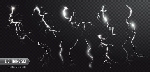 ベクトル現実的な稲妻のセット。雷雨と雷。魔法の電気照明効果。現実的なデザイン要素. — ストックベクタ