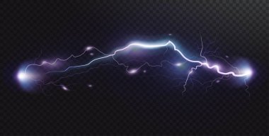 Vektör gerçekçi şimşek. Fırtına ve şimşek. Sihirli elektrik aydınlatma efektleri. Gerçekçi tasarım ögesi.