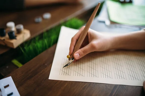 Pointed pen calligraphy practice closeup — Stock Photo, Image