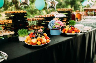 Çeşitli atıştırmalıklar ve dilimlerle dolu bir masa. Açık hava partisinde yemek. Mini burgerler ve kanepeler. Yemek çiçekleri ve otlarla süslenmiş bir masa..