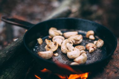 Ormanda tavada kızartılmış mantar. Doğada kızarmış yiyecek. Kış ormanında piknik. Açık ateşte yemek pişirmek. Yangında şampiyon.